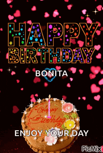 a happy birthday greeting card with a cake and hearts