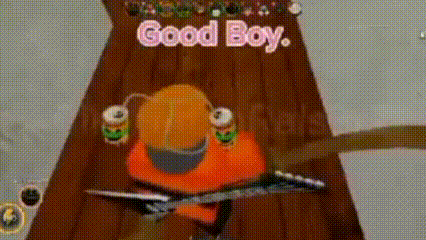a cartoon character is standing on a wooden surface with the words `` good boy '' written above him .