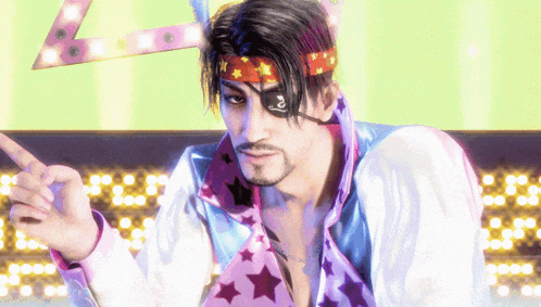 a man wearing an eye patch and a headband with the letter a on it