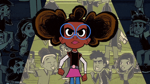 a cartoon of a girl wearing glasses and a pink skirt