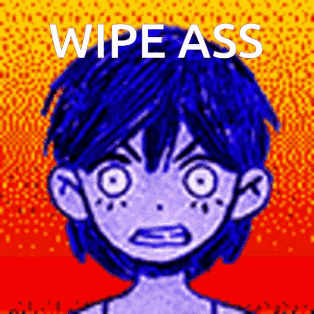 a drawing of a boy with blue hair and the words wipe ass above him