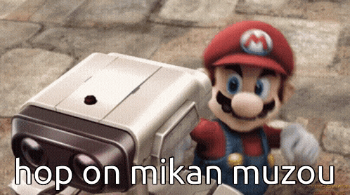 a picture of mario with the words hop on mikan muzou below him