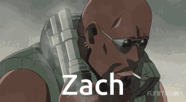 a cartoon of a man smoking a cigarette with the name zach on the bottom