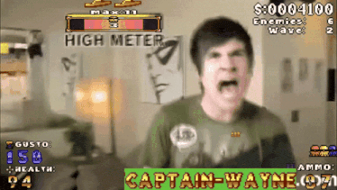 a man is playing a video game called captain wayne