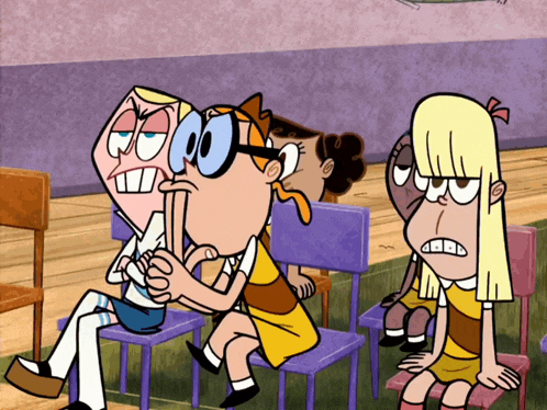 a group of cartoon characters are sitting in purple chairs and one of them is holding another person 's hand
