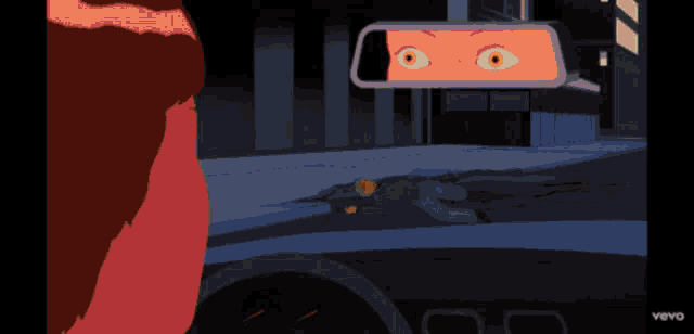 a cartoon of a person looking in a rear view mirror with the word vevo on the bottom right