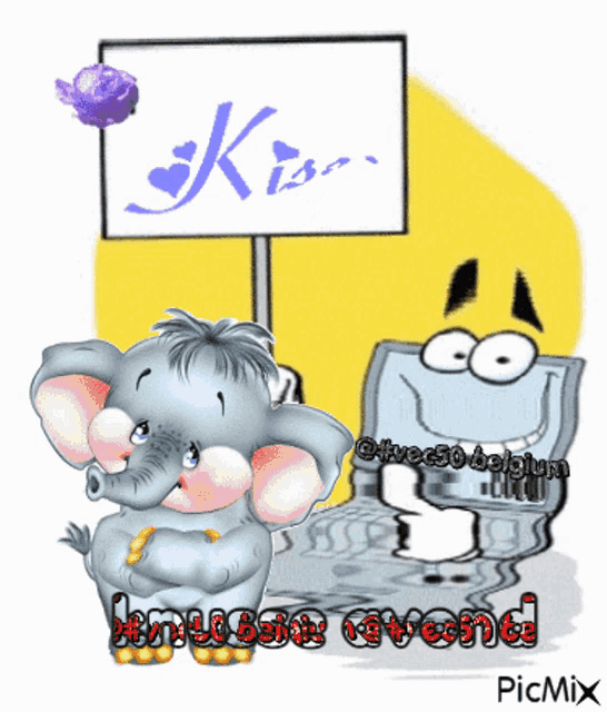 a cartoon of an elephant with a sign that says kiss