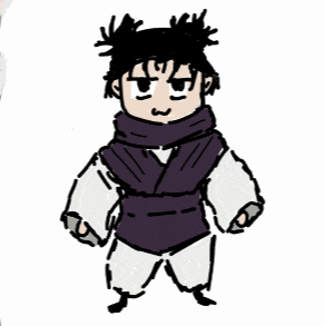 a drawing of a person wearing a purple vest and scarf