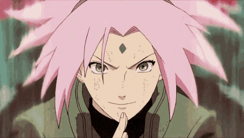 a close up of a female anime character with pink hair and a finger on her face .