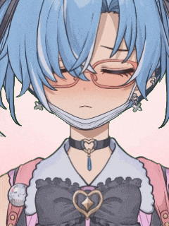 a girl with blue hair and glasses is wearing a mask