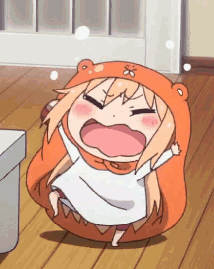 a cartoon girl is sitting on a wooden floor with her mouth open and a bear hat on .