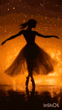 a silhouette of a woman in a tutu dancing in front of a fire