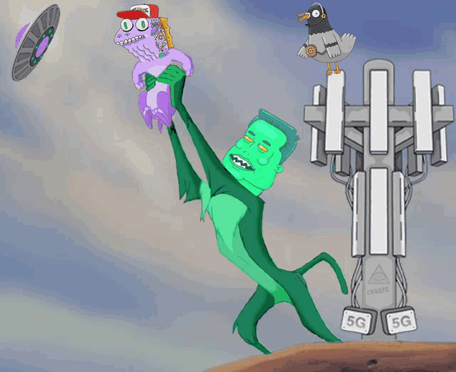 a cartoon drawing of a green monster holding a purple monster and a pigeon