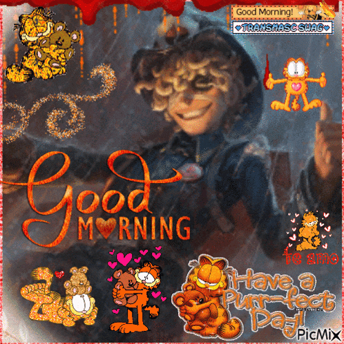 a picture of garfield with the words " good morning "
