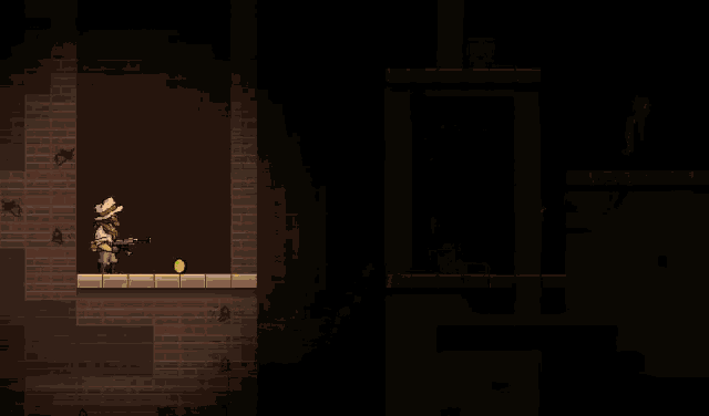a video game shows a cowboy with a gun and a arrow pointing to the right