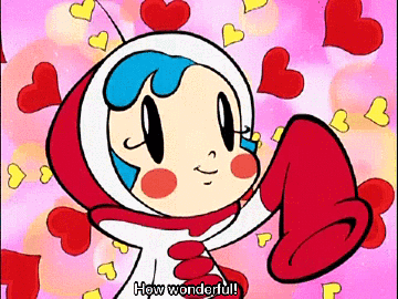 a cartoon character says how wonderful surrounded by red hearts