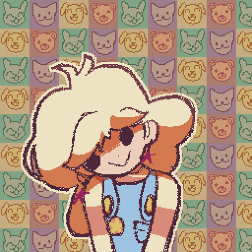 a pixel art drawing of a dog standing in front of a checkered background with cats and dogs