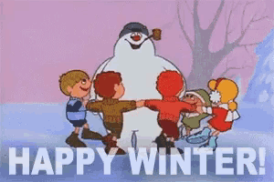 a group of children standing around a snowman with the words happy winter written on the bottom