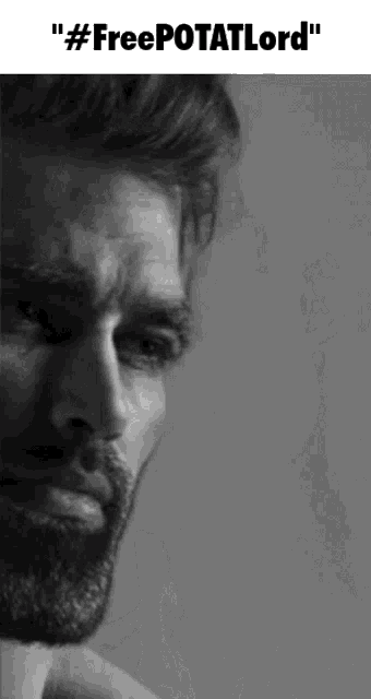 a black and white photo of a man with the words " freepotatlord " on the bottom