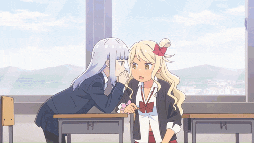 two anime girls are whispering in each other 's ears