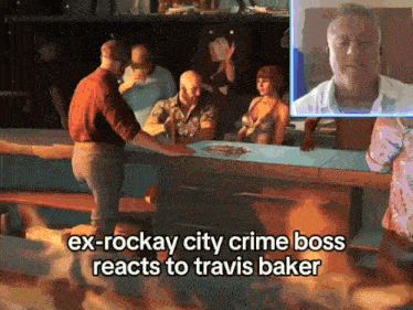 a video game scene with the words ex-rockay city crime boss reacts to travis baker on the bottom