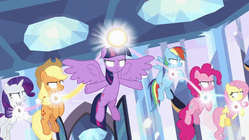 a group of ponies are standing in a room with a purple pony holding a light