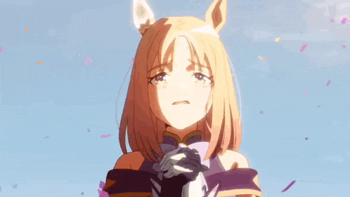 a girl with a horse ear is surrounded by purple confetti and says ありがとう ござい まし
