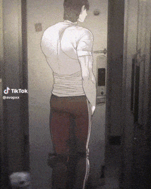 a man in a white shirt and red pants stands in front of a door with a tiktok watermark