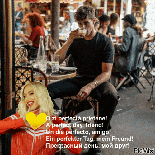 a picture of a man sitting at a table with a woman with a heart on her chest