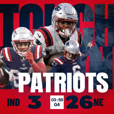 a poster for the patriots showing three players and the time of 3:59