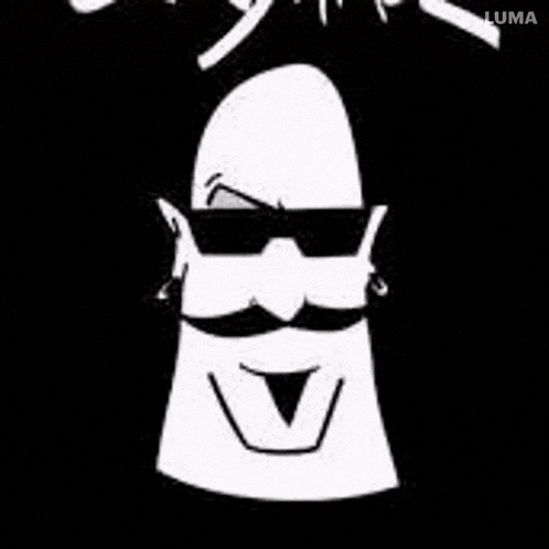 a black and white drawing of a man with a mustache and sunglasses