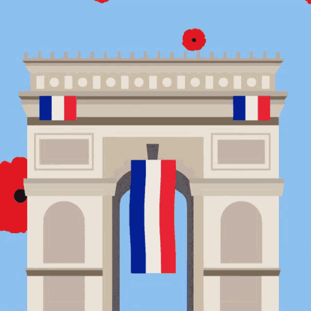 an illustration of the triumphal arch with red white and blue flags hanging from it