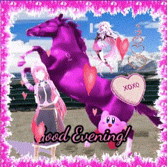 a good evening card with a purple horse and hearts