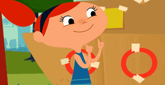 a cartoon girl with red hair is standing next to a box