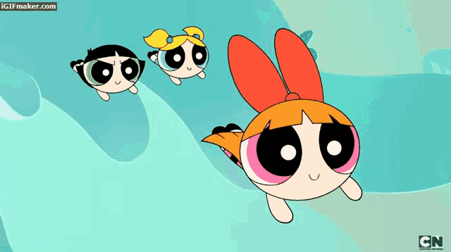 three cartoon characters from the powerpuff girls are flying in the sky