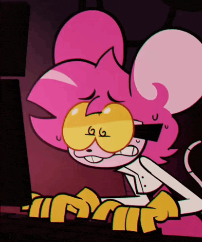 a cartoon character with pink hair and yellow eyes is looking at something