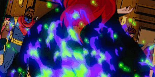 a group of cartoon characters are standing in a room with purple and green lights