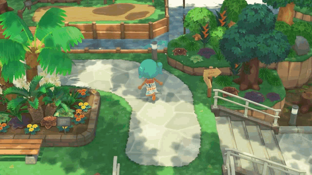 a video game character is walking down a path with a sign that says " exit " on it