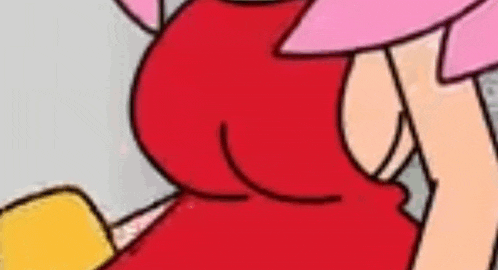 a close up of a cartoon character 's butt in a red dress and pink hat .