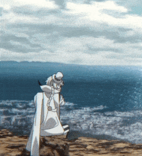 a man in a white hat stands on a hill overlooking a body of water