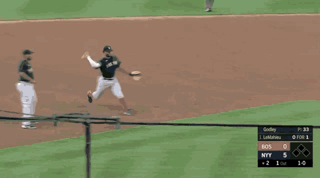 a baseball game between bos and ny is going on