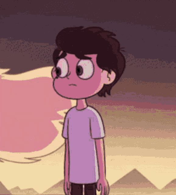 a cartoon character is standing in front of a sunset with his eyes closed