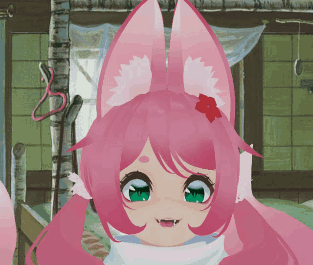 a girl with pink hair and white ears has a red flower in her hair