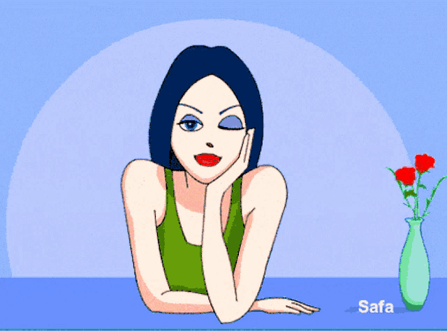 a cartoon of a woman sitting at a table with a vase of red flowers and the name safa on the bottom