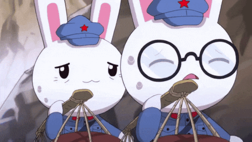 two cartoon rabbits wearing glasses and hats