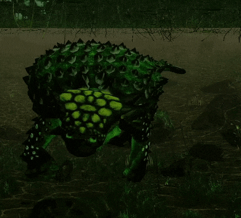 a green dinosaur with spikes on its back is standing in the grass in the dark .