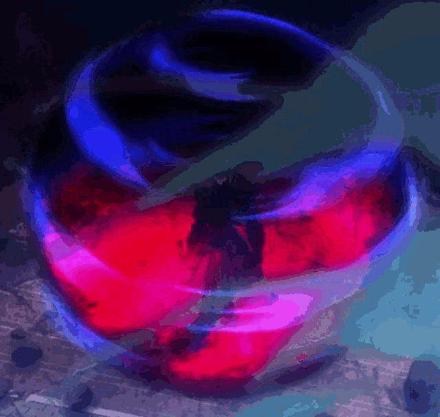 a painting of a red and blue sphere with a person in the middle