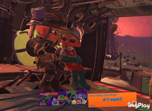 a couple of cartoon characters standing next to a sign that says imgplay on it
