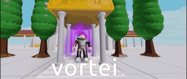 a cartoon character is standing in front of a building that says ' voltei ' on the bottom