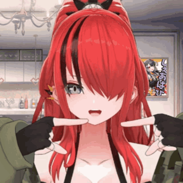 a girl with red hair is wearing gloves and making a peace sign